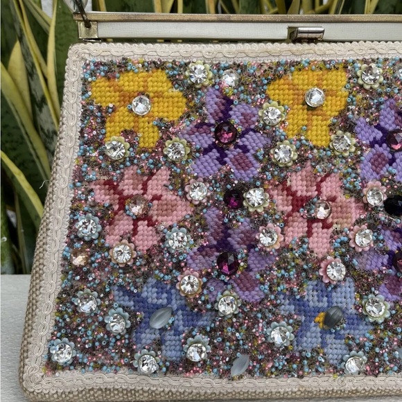 Floral Needlework Embroidery Jeweled Carpet Bag Pink Purple Purse Vintage 60s - Picture 2 of 9